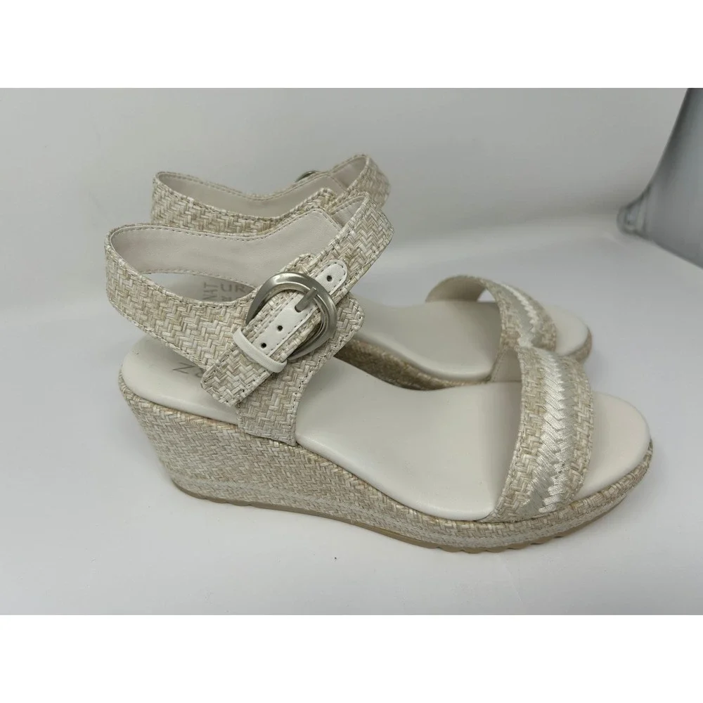 Naturalizer Womens Cream Woven Wedge Sandals Platform Ankle Strap Shoes 9 Wide